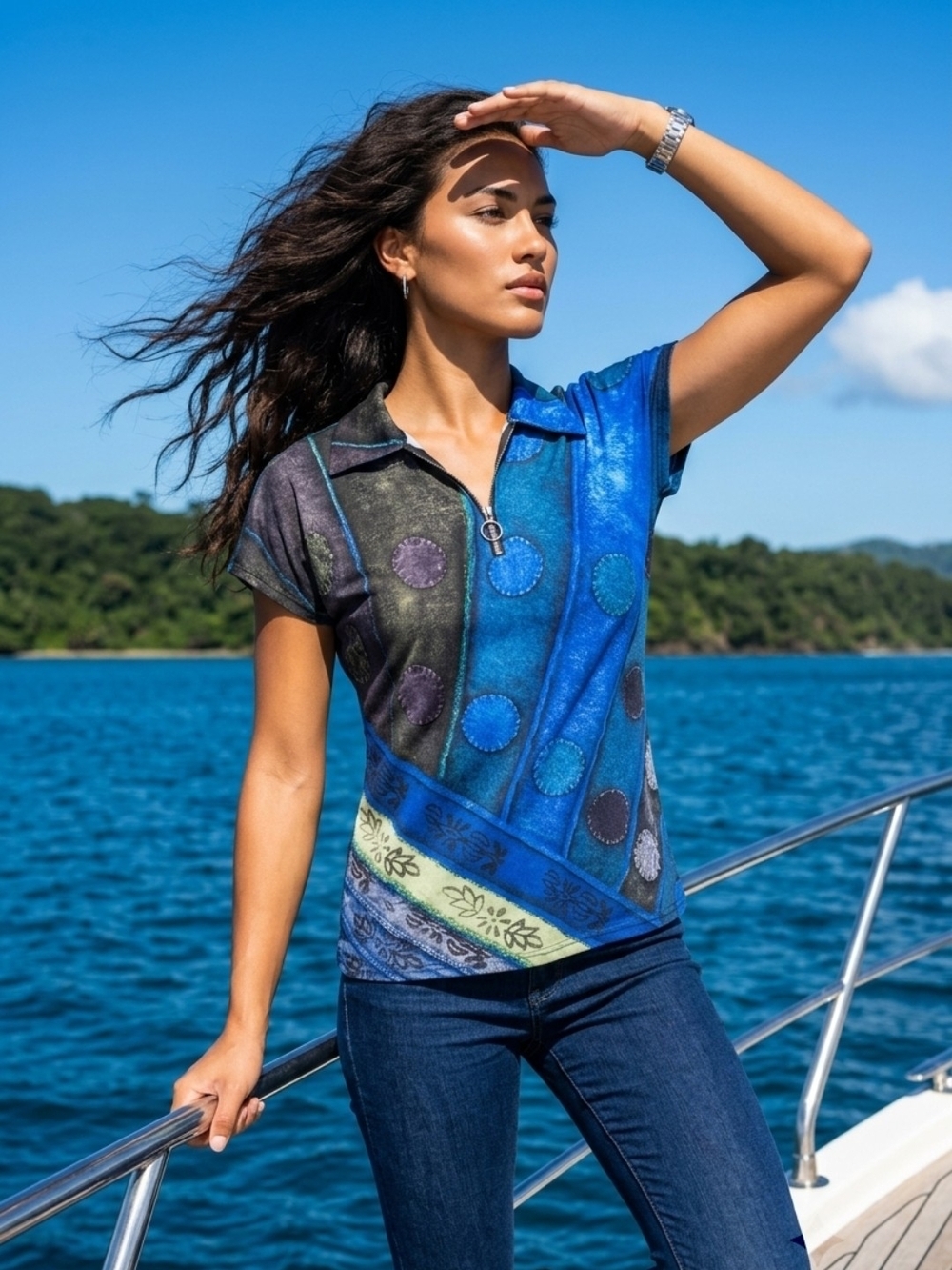 Womens Blue Retro Print Polo Top Zip V-Neck Short Sleeve